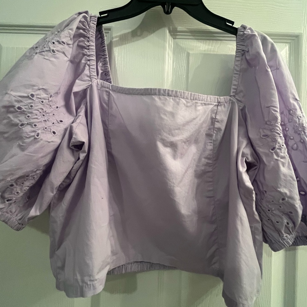 H&M Puff-sleeved Eyelet Embroidered Crop Lilac Cotton Poplin Top - Picture 4 of 10